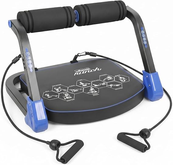 Ab Machine, Sit Up Exercise Equipment with 4 Adjustable Resistance Levels, Automatic Rebound Core Trainer with 2 Resistance Bands, Foldable Abdominal Workout Equipment for Home Gym