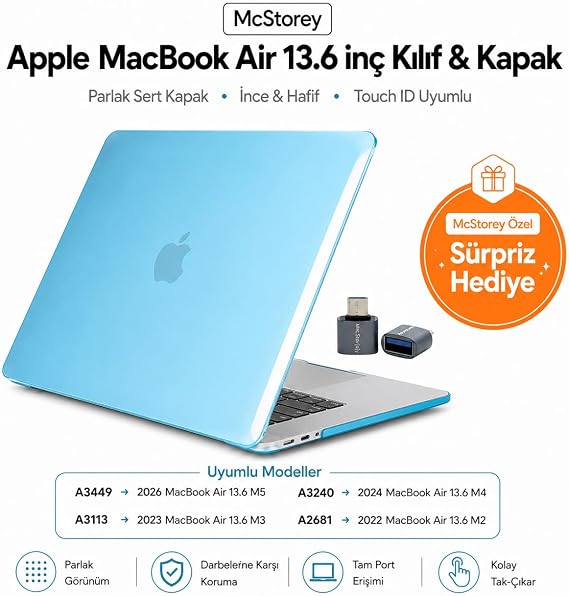 McStorey MacBook Air 13.6 inç M2 M3 M4 M5 Uyumlu Sert Kılıf | Ultra Şeffaf Hard Case – A2681 A3113 A3240 A3449 Tam Uyum İnce Hafif Koruma Açık Mavi