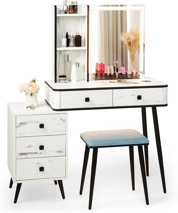 Multigot Dressing Table with Mirror and Stool (White, Rectangular Mirror)