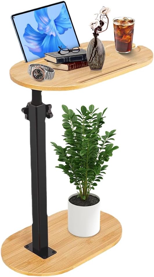 Side Table C Shape Height Adjustable Bamboo with Rotating Table Top