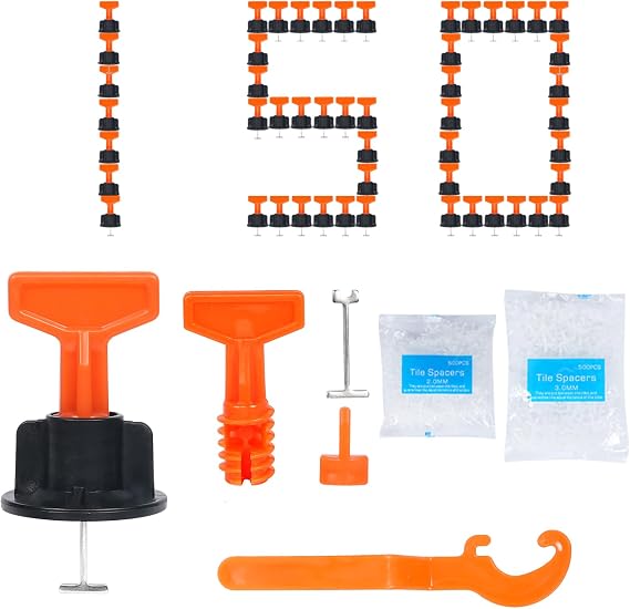 150pcs Tile Leveler Spacers 500PCS 2mm and 500PCS 3mm Tile Spacer, Reusable Tile Leveling System 1/16 Kit with 6pcs Special Wrench and 20pcs Steel Pins for Wall/Floor Tile Installation (150pcs Red)