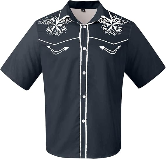 Mens Western Dress Shirts Long Sleeve Cow Boy Shirt Men Cowboy Costume Vest Wear for Clothes Cowboys Brush Popper Clothing Country Black Pearl Snap