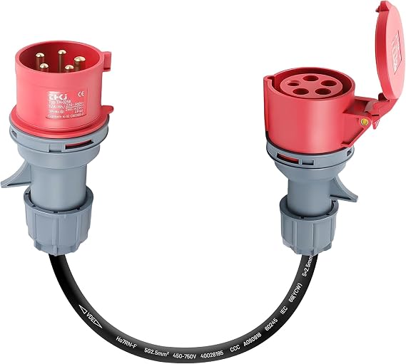 CEE 32A Plug to 16A Socket Adapter, 16A Socket to 32A CEE Adapter, 5-Pin, Heavy-Duty Industrial Plug for Electric Vehicles