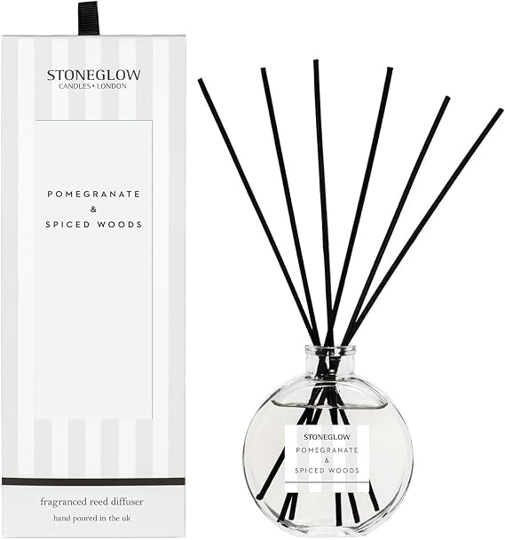 Stoneglow Modern Classics Pomegranate & Spiced Woods Scented Reed Diffuser 120ml with Pink Pepper, Patchouli & Amber, 12 Rattan Reed Diffuser Sticks, Lasts 10 Weeks, Refillable Home Fragrance