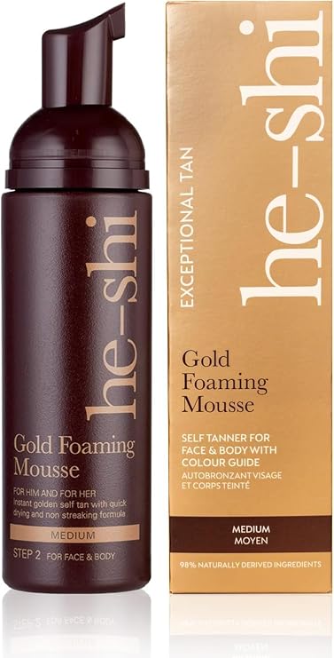 He-Shi Self Tan Gold Mousse Instant Tan - Bronzing Natural Glow - Fast Drying No Smell - Vegan & Cruelty-Free - Buildable Sun-Kissed Self Tanner