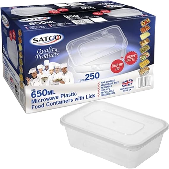 Reusable Plastic Containers with Lids, 650ml, Heavy Duty Microwavable, Set of 250, White