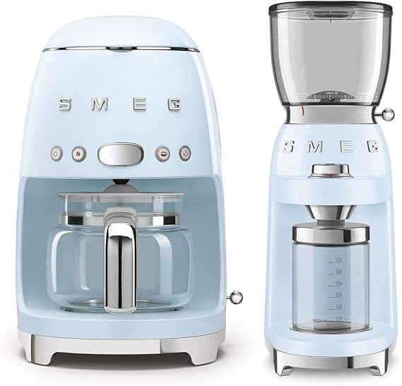 Smeg DCF02PBUS 50's Retro Style Drip Filter Coffee Maker Bundle CGF01PBUS Coffee Grinder - Pastel Blue