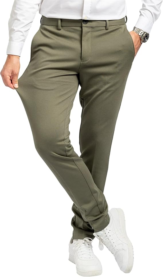 Performance Pants Men's Slim Fit Stretch Trousers Green M 32x34