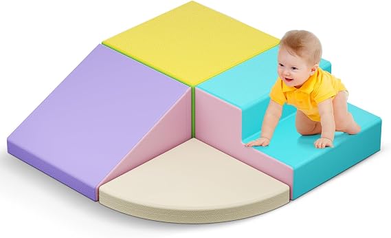 Baby Foam Building Blocks, XXL Softplay Set for Toddlers 1-3 Years, Baby Climbing Tower with Slide, Large Building Blocks for Indoor Fun (Macaron-4)