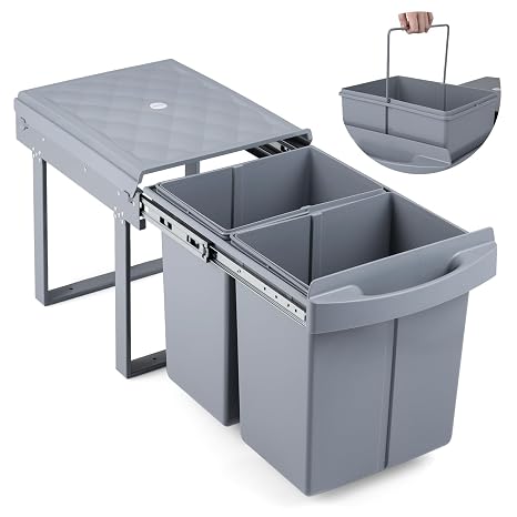 COSTWAY 40L Pull Out Kitchen Bin, 2 x 20L Built in Trash Can Under Cabinet with Lid and Handle, Sliding Recycle Waste Bin for Waste Sorting System, Grey