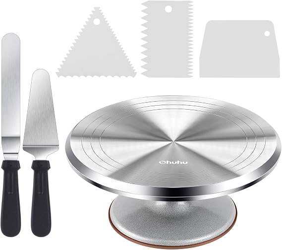 Ohuhu 12 Inch Cake Turntable, Aluminium Alloy Cake Trays with 2 Icing Spatula, 3 Cake Scrapers, for Baking, Decorating Cakes