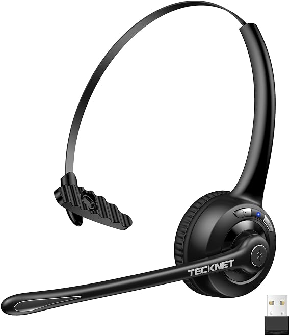 TECKNET Bluetooth Headset, Wireless On Ear Headphones with Noise Cancelling Microphone & USB Dongle, Hand Free Wireless Headset with Mute microphone for Cellphone, PC, Home, Office, Call Center