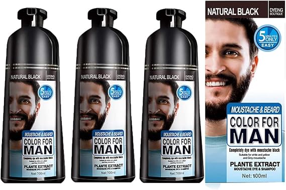 Men Beard Hair Color Instant Dye Black Mustache Beard Darkening Shampoo, Professional Men's Mustache & Beard Black Hair Color Dye Shampoo (3pcs)