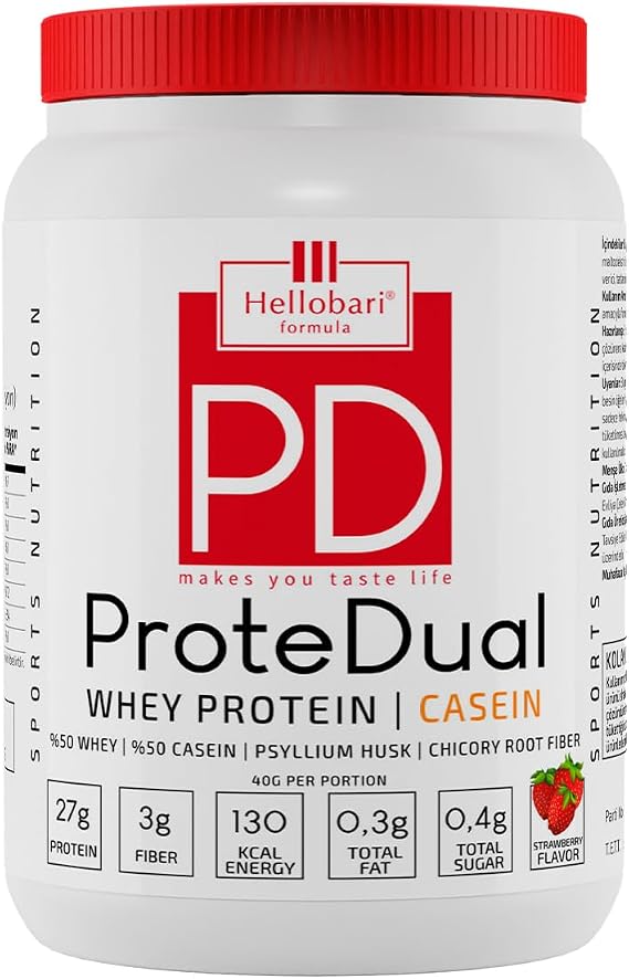Hellobari Formula ProteDual | Whey Protein - Kazein Proteini | Çilek Aromalı | 28 Porsiyon
