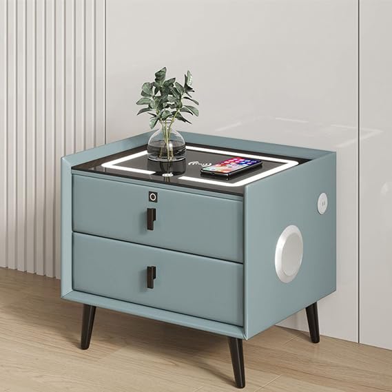 Smart bedside table, LED bedside table, decorative bedside table with wireless charging station, with 3 drawers and USB port, 3 colors adjustable bedside lamp strip(Grey)