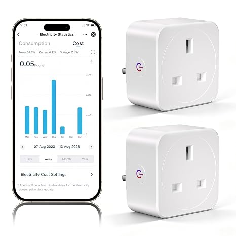 Smart Plug with Energy Monitoring, 13A 2.4GHz Timer Plug Socket UK, 2 Pack