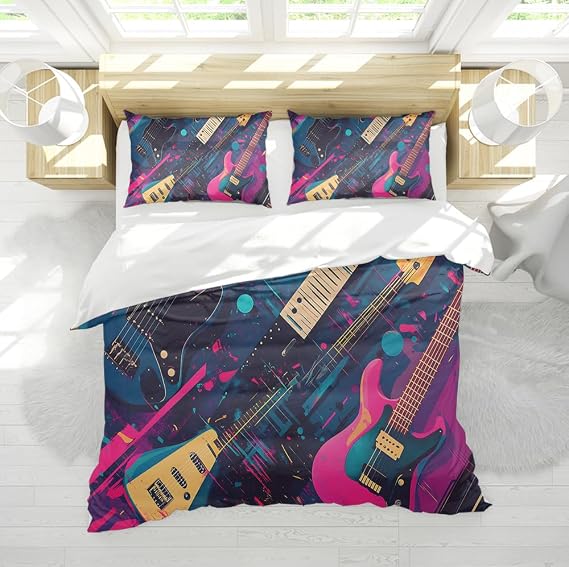 Guitar Printed Bedding Set Teens Music Themed Duvet Cover for Adults Bedroom Decor Colorful Hip Hop Stripe Style Pattern Comforter Cover Double