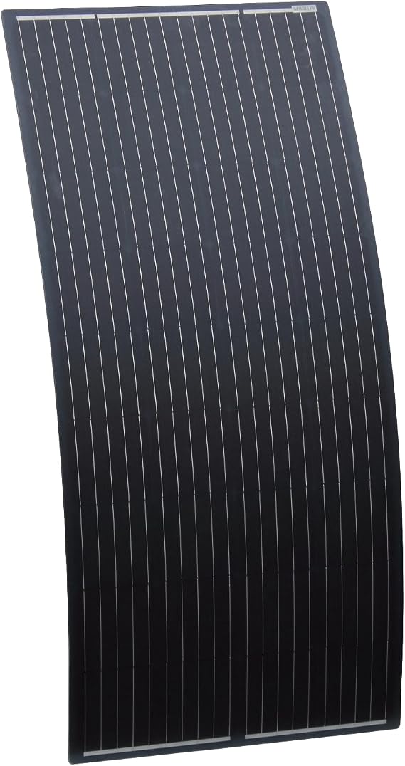 180W black semi-flexible fibreglass solar panel with round rear junction box & 3m cable, durable ETFE coating and monocrystalline solar cells for motorhome, caravan, campervan, boat or off-grid system