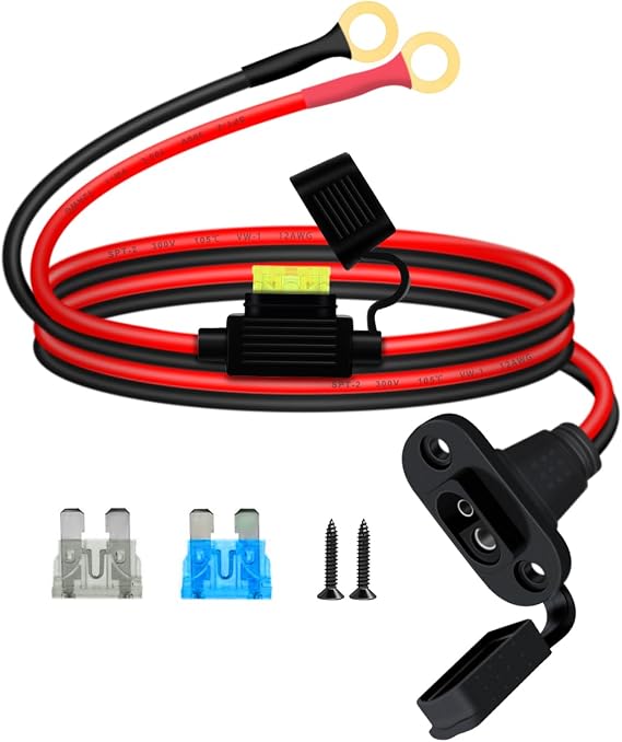 12AWG SAE Power Socket Sidewall with O Ring 8mm SAE Sidewall with Inline Fuse and O Rings 25A, for Charging Motorcycles Tractors Cars (1 m)