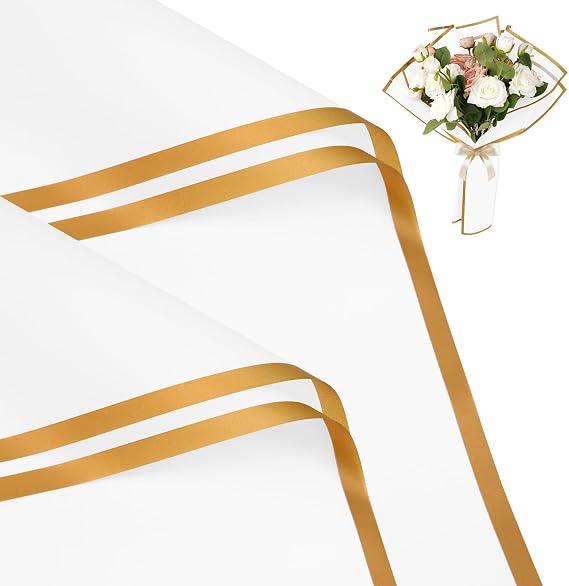 20 Sheets Flower Wrapping Papers, Gold Edge Waterproof Floral Bouquet Wrapping Paper, Florist Supplies Packaging Paper for Wedding Birthday Gift DIY (White)