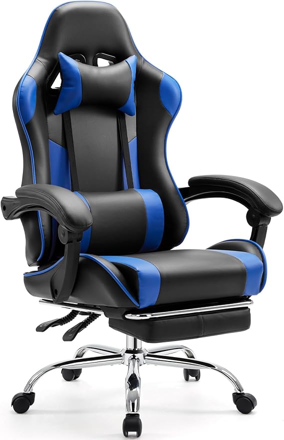 Sweetcrispy Video Game Desk Chair - Ergonomic Computer with Footrest and Comfortable Lumbar Support PU Leather Recliner with Headrest, Fixed Armrest, Adjustable Height, 360 Degree Rotatable for Adults