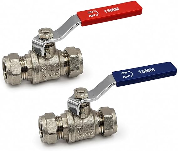 Pipestation 15mm Isolation Valve, 2 Pack with Red & Blue Handle - Lever Compression Fitting Shut Off Iso Valve - WRAS Approved - Large Bore for Increased Flow - Compression Olives Included