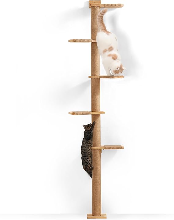 FUKUMARU Cat Scratching Post 5 Tier Ceiling Tower (206 cm) Wall Mounted Cat Tree Natural Rubber Wood Cat Tree for Cats Climbing Scratching Watching and Playing