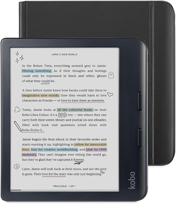 Kobo Libra Colour Black eReader & Black Notebook SleepCover Bundle | 7” Glare-Free Colour E Ink Kaleido 3 Display | Dark Mode Option | Waterproof | Built-in-2-Way Stand Cover