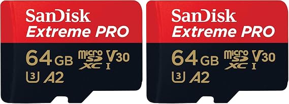 SanDisk 64GB Extreme PRO microSDXC card + SD adapter + RescuePro Deluxe, up to 200MB/s, with A2 App Performance, UHS-I, Class 10, U3, V30 (Pack of 2)