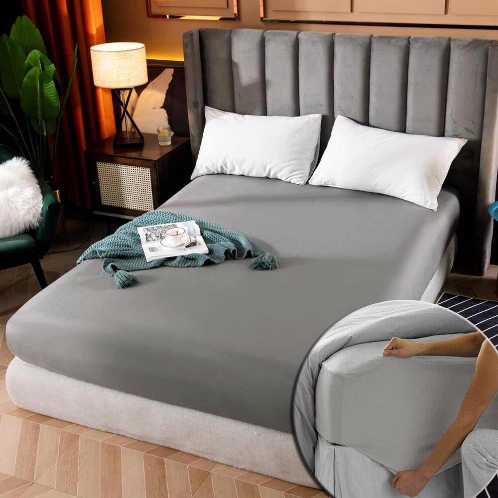 Fitted Bed Sheet only 【Grey】Mattress Cover 1000TC Ultra Soft Touch Silk Like Satin Breathable Luxury Premium Quality Microfiber Wrinkle & Stain Resistant Mattress Sheet Super King 180x20030cm