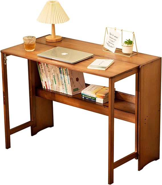 Small Dining Folding Table, Folding Kitchen Island，Expandable Natural Bamboo Desk, Folding Desk for Small Space, Work Computer Desk with Hutch, Suitable for Study, Office(Brown,100 * 76cm)