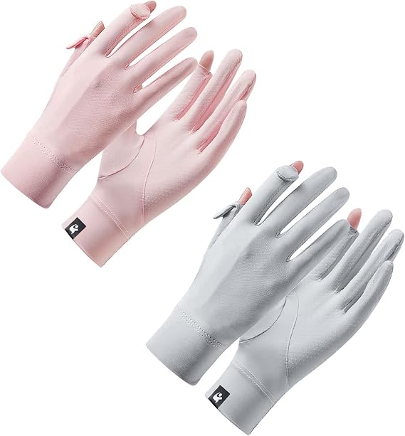 Andiker 2 Pairs Sunblock Gloves Women, Non Slip UV Protection Driving Gloves Full Finger Touchscreen Wrist Length Gloves for Summer Riding Fishing Golfing Outdoor Activities