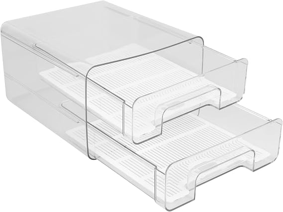 Pull Out Fridge Drawers, Stackable Refrigerator Organiser Bins with Lids and Drain Tray, Clear Plastic Fridge Storage Containers for Storing Fruits, Vegetables, Food, Drinks, Canned food and Meat