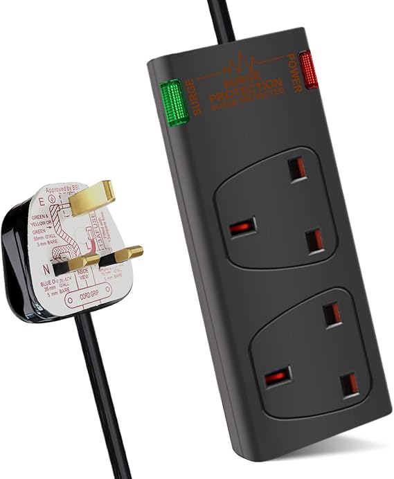 ExtraStar 2 Way Surge Protected British Approved 13A Power Mains Extension Lead (Black, 1M)