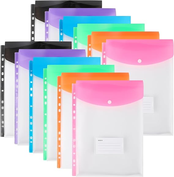 Plastic Wallets A4 Punched Pockets, 11 Holes Expandable Binder Folders for 2/3/4 Ring Document Pouch with Snap Button & Label Loose-Leaf Transparent for Office School Home (12 Pack - Top Open)
