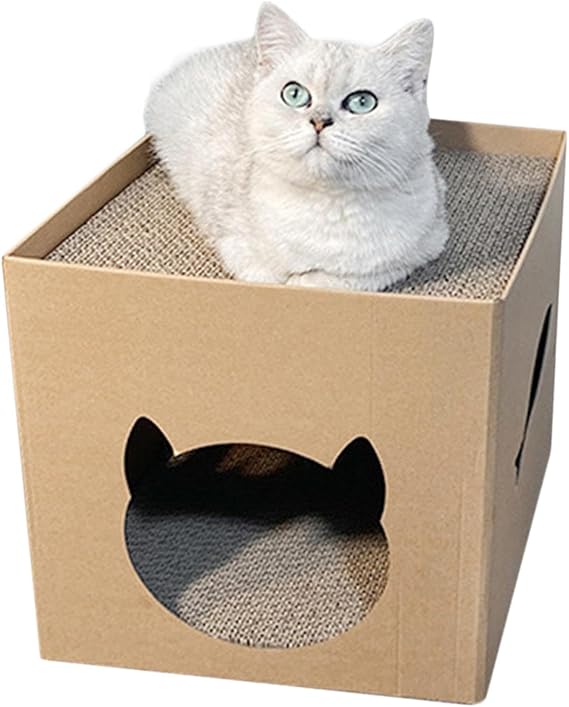 Cat Scratching House, Cat Scratching Post Box, Cardboard Cat Box for Indoors, Cardboard Cat House with Scratch Pad, Cat Hideaway for Sleeping and Playing