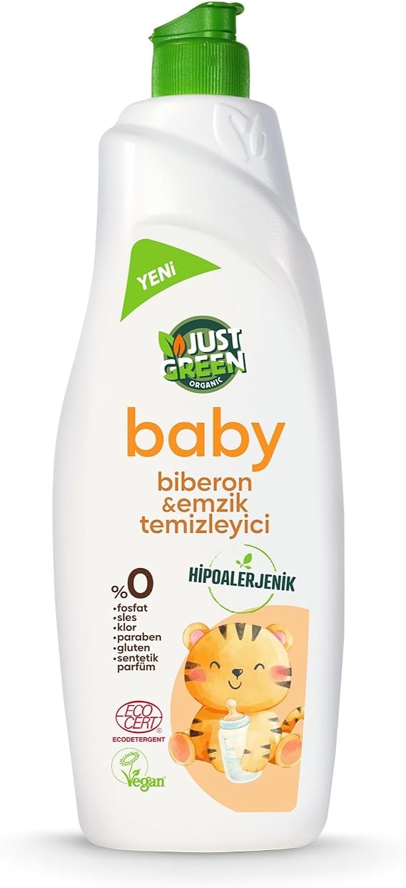 Just Green Organic Biberon ve Emzik Temizleyici, Parfümsüz Bitkisel Bazlı Bebek Bulaşık Sıvısı, Hipoalerjenik, Vegan, Ecocert Sertifikalı, 750 ml