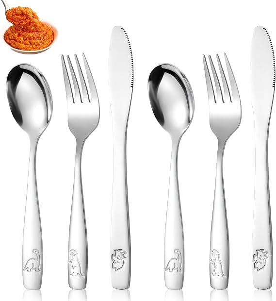Childrens Cutlery Set, Stainless Steel Kids Utensils, Kids Cutlery Knife and Fork Sets, Dishwasher Safe Including 2pcs Fork+2pcs Safe Dinner Knives+2pcsTable Spoons, Dinosaurs Ngraved Design