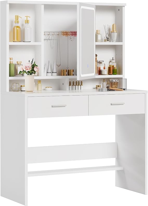 Devoko Dressing Table with LED Light,Vanity Desk with Mirror,Adjustable Brightness,Makeup Desk with Jewellery Storage and Open Shelves,Modern Bedroom Furniture (White)