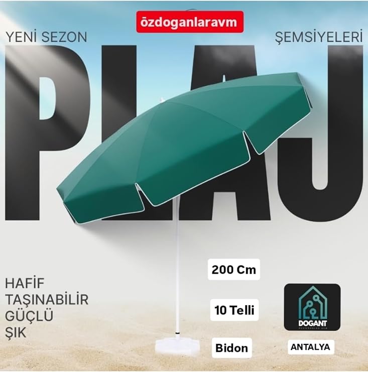 Dogant Mega Plaj Havuz Bahçe Balkon 2 Mt 10 Telli Polyester Yeşil Şemsiye + Bidon