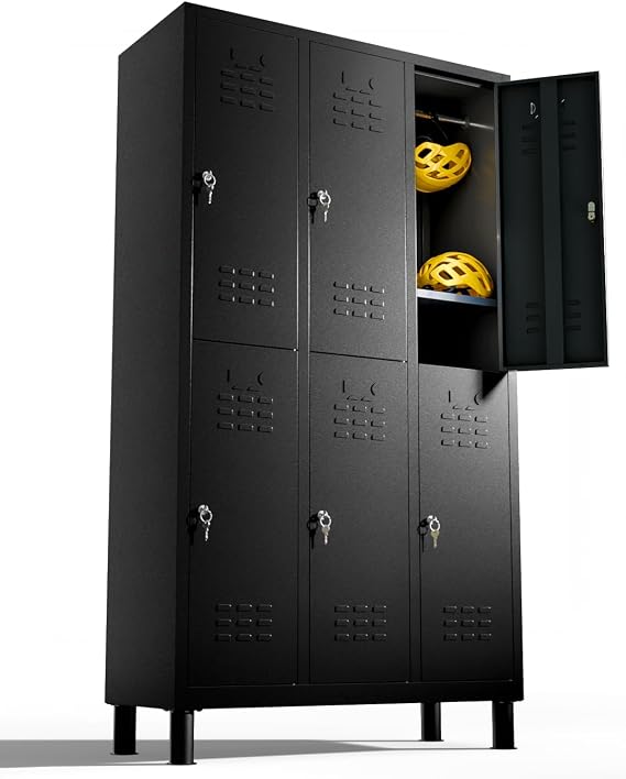 Metal Locker, 6-Door Lockable Metal Storage Unit with Keys, Freestanding Garage Storage Unit, Lockers for Workplace Storage, Staff, Office, Gym, Changing Room and Workshop (Black)