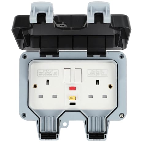 Outdoor RCD Socket, Double Switched Waterproof Sockets 13 Amp 2 Gang IP66 Rated Wall Electrical Outlet