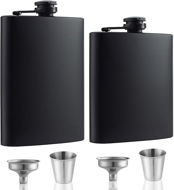 2 Pack Stainless Steel Leakproof Hip Flasks - 8 Oz & 12 Oz with Funnels, Cups & Never-Lose Metal Cap - Perfect for Wedding Party Gifts & Outdoor Activities