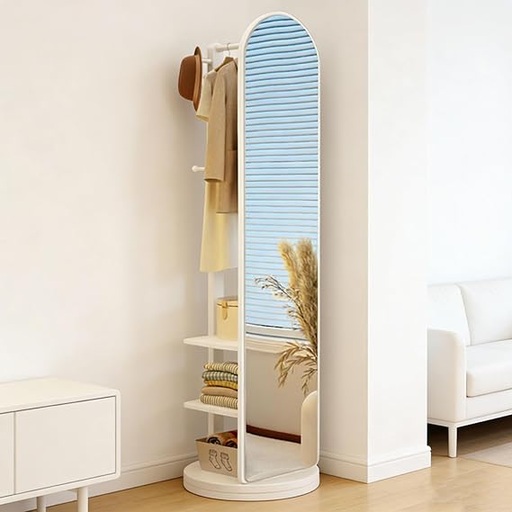3-in-1 Full Length Mirror with Coat Rack Storage Shelf, 360° Rotating Base