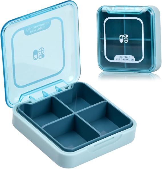 Small Pill Box Organizer Mini Travel Medicine Storage Case, BPA Free Portable Tablet Container Holder Moistureproof, 4 Large Capacity Compartments for Vitamins Supplements (Blue)
