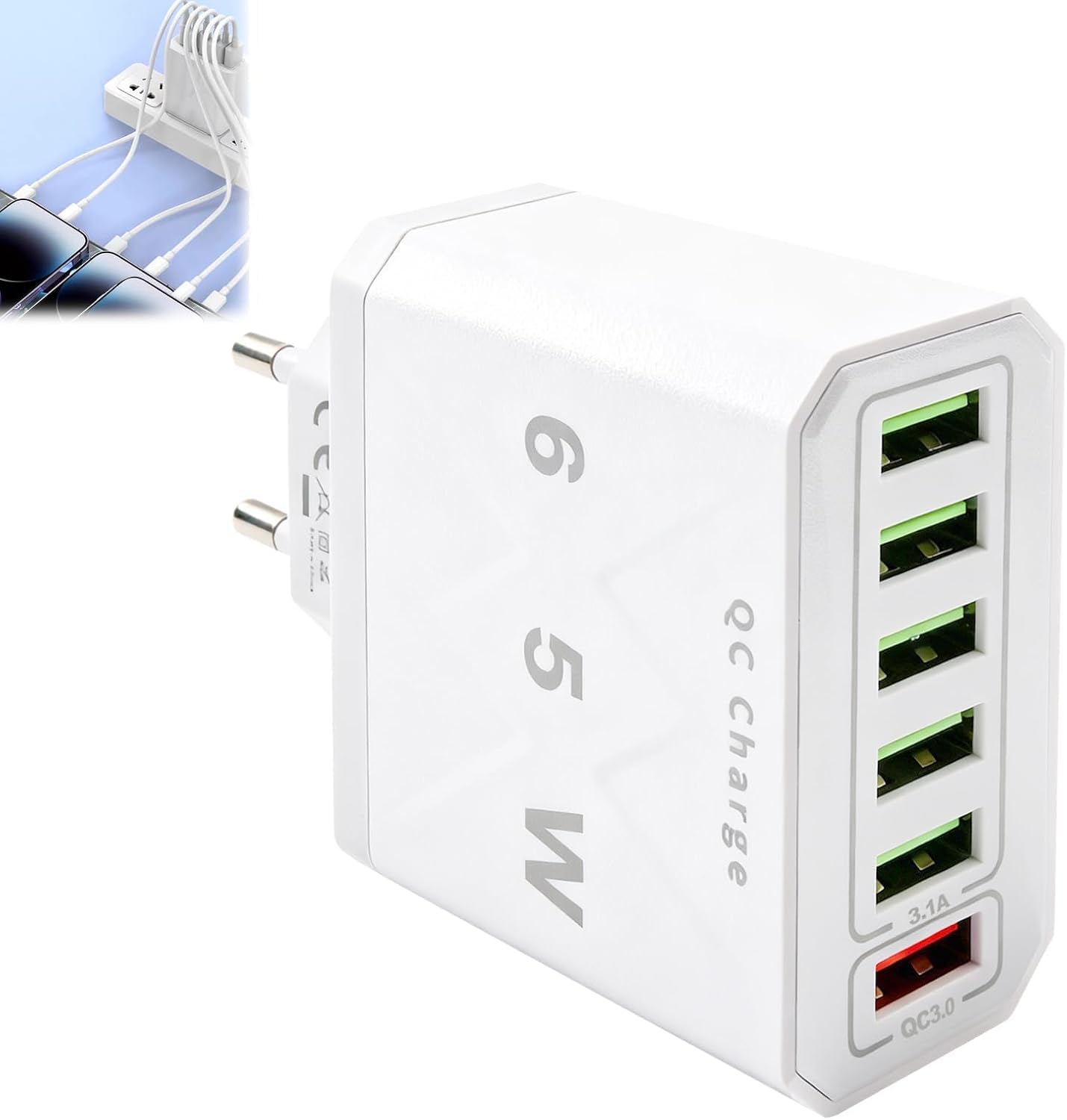 USB Charger 65 W Multiple 6 Ports USB Multiple Plug with QC 3.0 Quick Charge Plug with USB C Connection 6 Pors White Wall Charger for iPhone 16 15 14 13 Samsung iPad Tablet