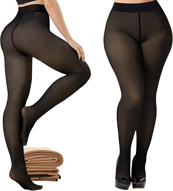 YOGINGO Fleece Lined Tights for Women- High Waist Fake Sheer Translucent Thermal Leggings Thick Warm Pantyhose for Winter