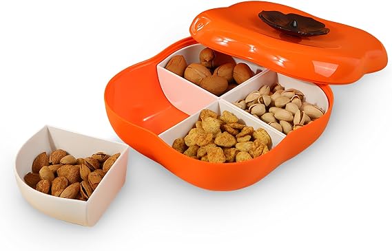 Buachois Snack Serving Tray,Persimmon Shape Dry Fruit Tray 4 Compartments Fruit Box Platter Food Storage Container Divided Serving Tray with Lid Cookie Tray for Home Living Room