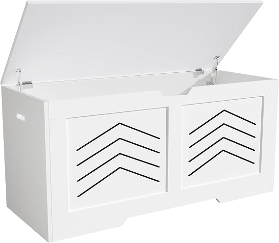 Blisswood Toy Storage Box with Lid & Safety Hinges, Wooden Storage Chest Trunk, Large Blanket Box, Storage Bench & Toy Organizer (White, 100 x 48 x 40 Cm)