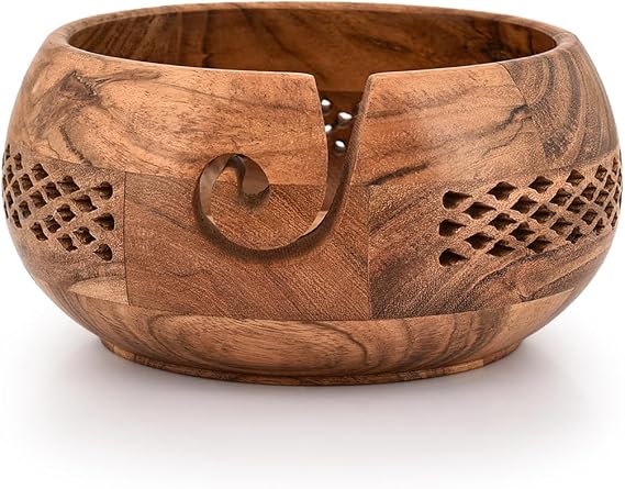Kimona Yarn Storage Wooden Yarn Bowl Hand Made for Knitting and Crochet Crocheting Accessories and Supplies Organizer (17.78cm x 17.78cm x 10.16cm)